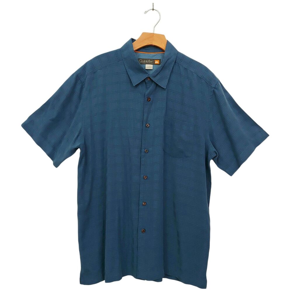 Quiksilver Waterman Collection Shirt Mens Large Blue Check Short Sleeve Travel